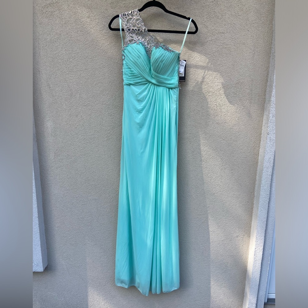 BRAND NEW beautiful mint bedazzled one shoulder evening gown